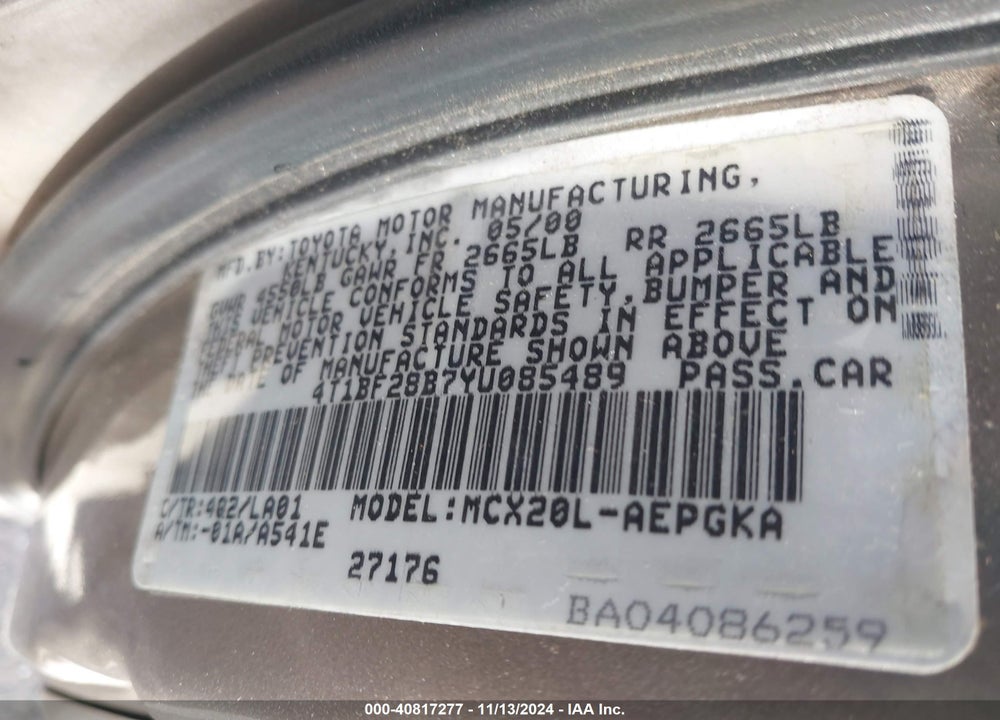 2000 TOYOTA AVALON XLS VIN: 4T1BF28B7YU085489