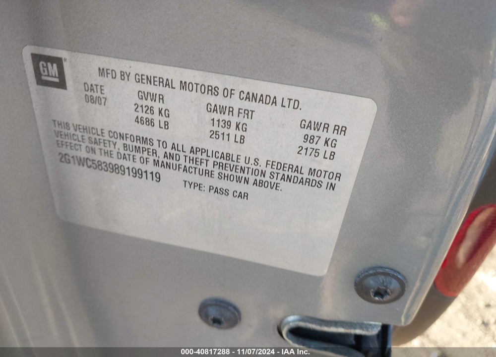 2008 CHEVROLET IMPALA LT VIN: 2G1WC583989199119
