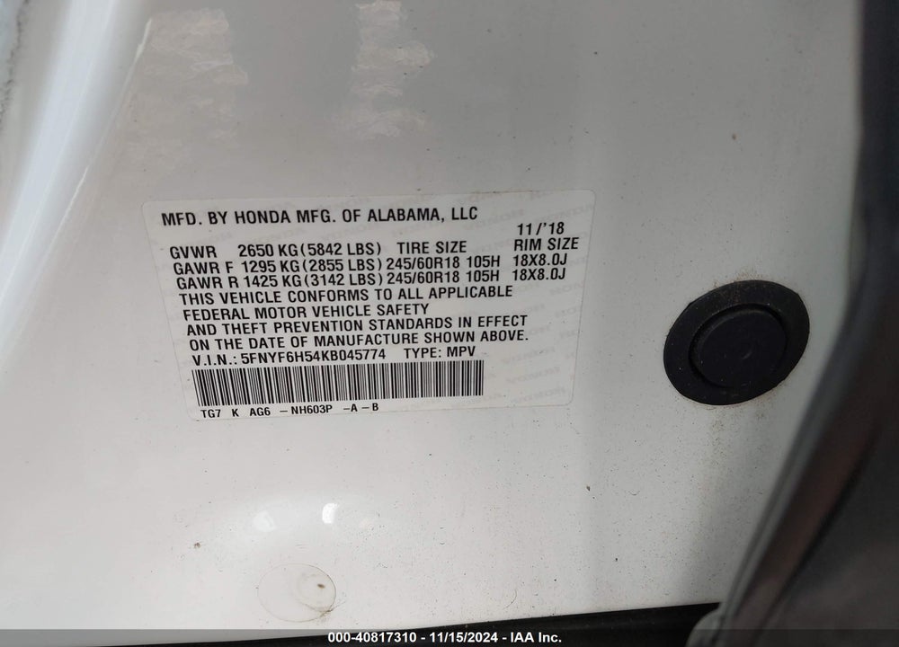 2019 HONDA PILOT EX-L VIN: 5FNYF6H54KB045774