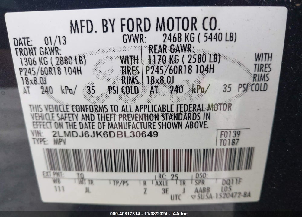 2013 LINCOLN MKX VIN: 2LMDJ6JK6DBL30649