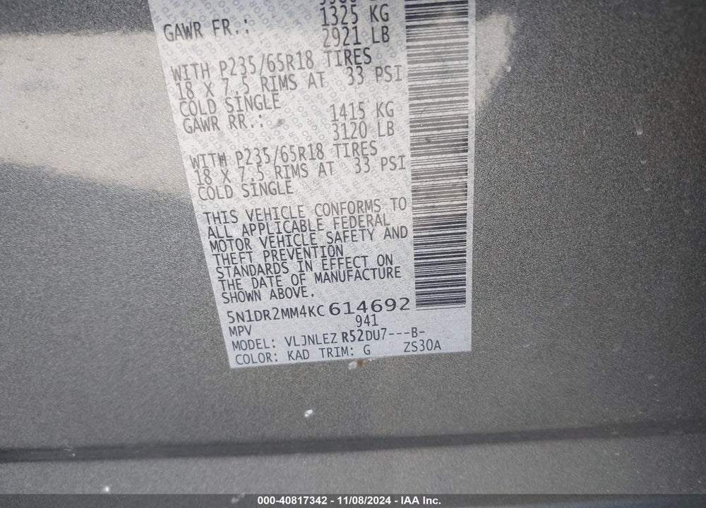 2019 NISSAN PATHFINDER VIN: 5N1DR2MM4KC614692