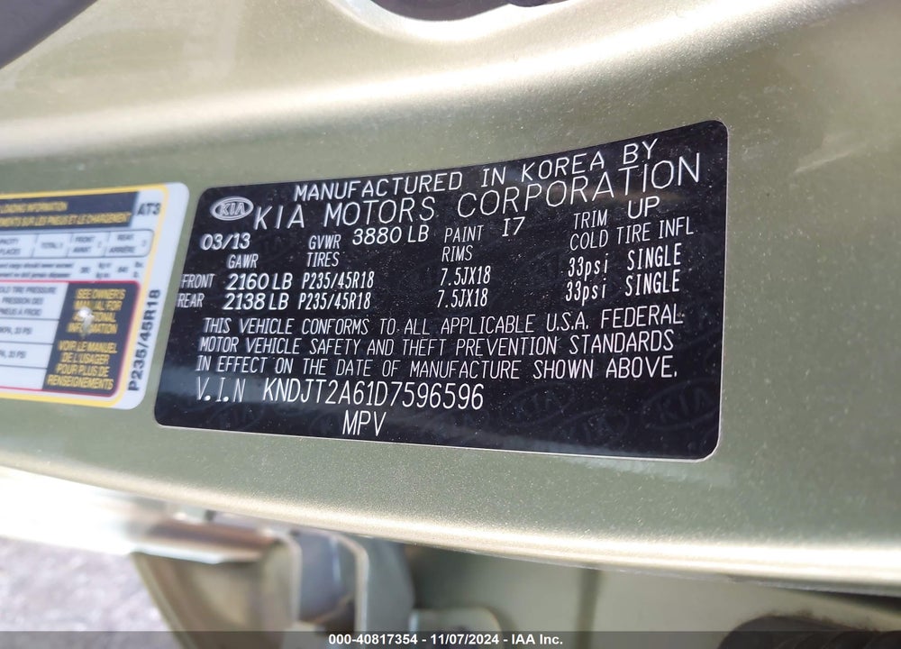 2013 KIA SOUL VIN: KNDJT2A61D7596596