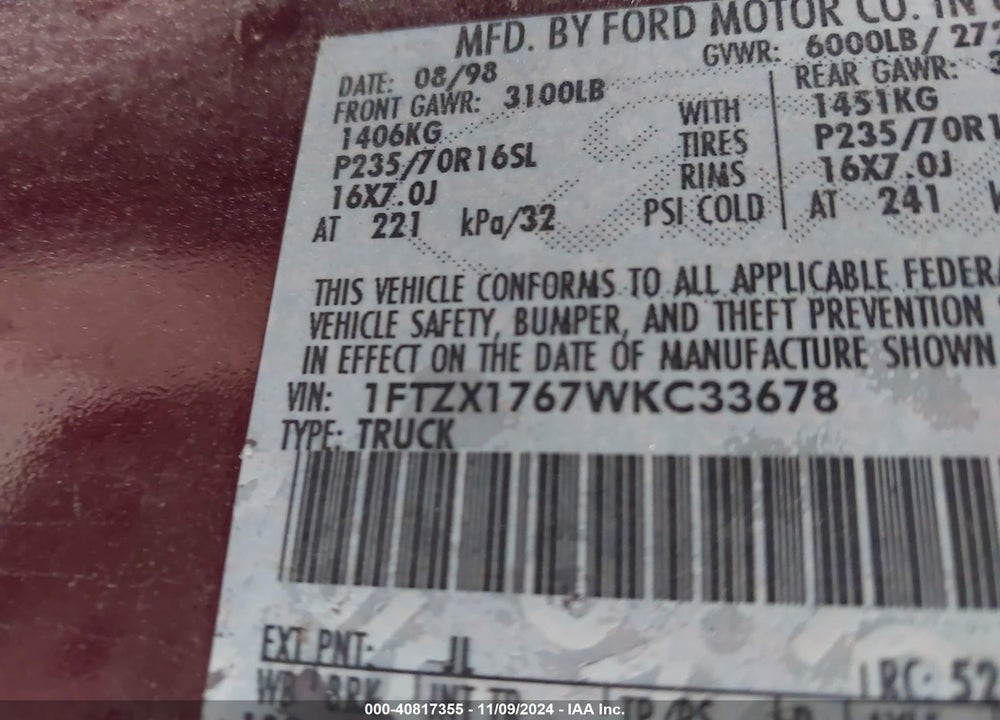 1998 FORD F-150 LARIAT/STANDARD/XL/XLT VIN: 1FTZX1767WKC33678