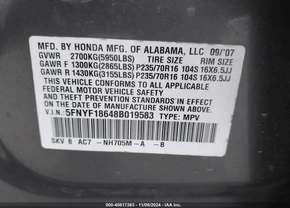 2008 HONDA PILOT EX-L VIN: 5FNYF18648B019583