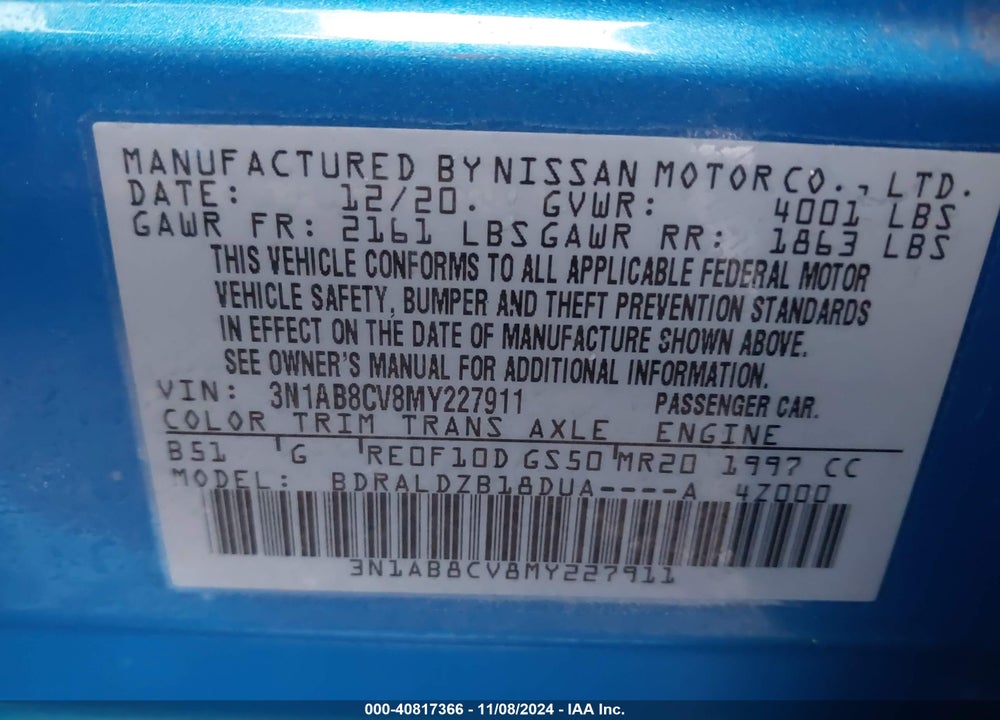 2021 NISSAN SENTRA SV XTRONIC CVT VIN: 3N1AB8CV8MY227911