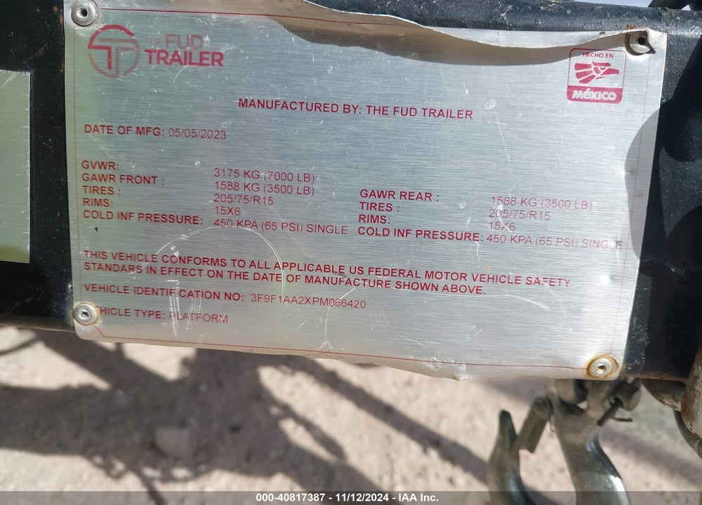 2023 FUD TRAILERS --- VIN: 3F9F1AA2XPM066420