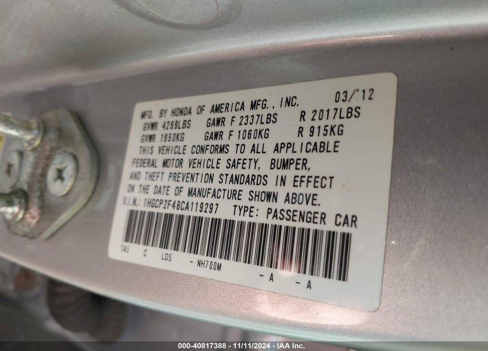 2012 HONDA ACCORD 2.4 LX-P VIN: 1HGCP2F48CA119297