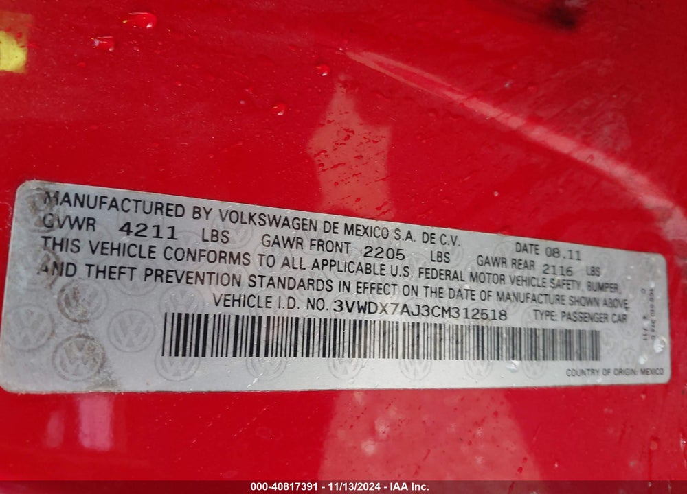 2012 VOLKSWAGEN JETTA 2.5L SE VIN: 3VWDX7AJ3CM312518