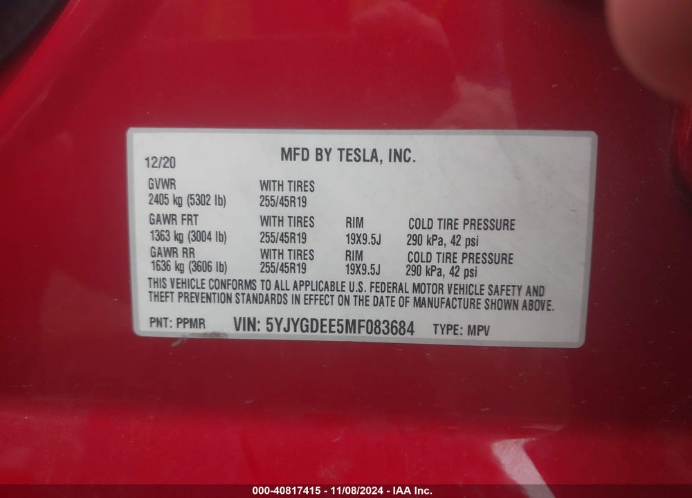 2021 TESLA MODEL Y LONG RANGE DUAL MOTOR ALL-WHEEL DRIVE VIN: 5YJYGDEE5MF083684