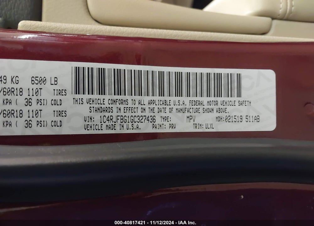 2016 JEEP GRAND CHEROKEE LIMITED VIN: 1C4RJFBG1GC327436