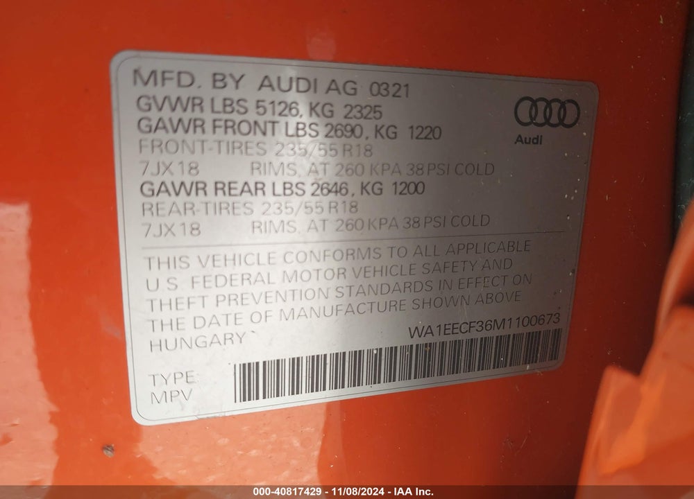 2021 AUDI Q3 PREMIUM PLUS 45 TFSI S LINE QUATTRO TIPTRONIC VIN: WA1EECF36M1100673