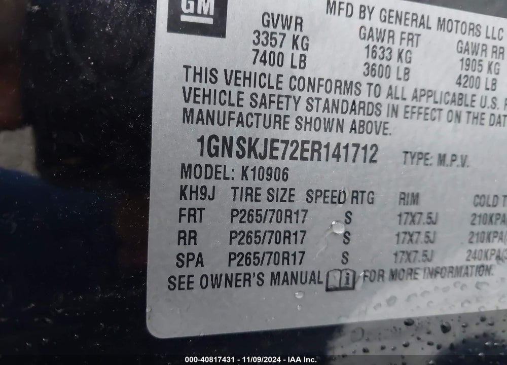 2014 CHEVROLET SUBURBAN 1500 LT VIN: 1GNSKJE72ER141712