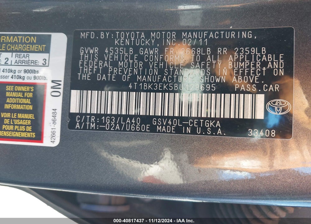 2011 TOYOTA CAMRY VIN: 4T1BK3EK5BU129695