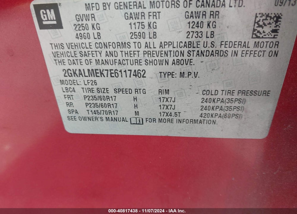 2014 GMC TERRAIN SLE-1 VIN: 2GKALMEK7E6117462