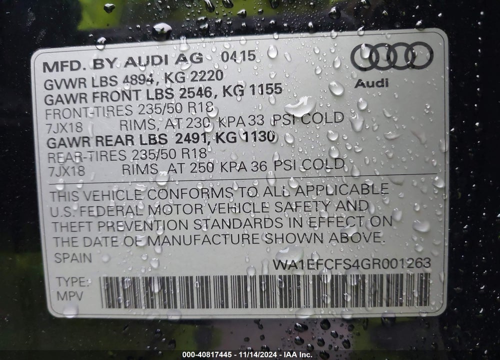 2016 AUDI Q3 2.0T PREMIUM PLUS VIN: WA1EFCFS4GR001263