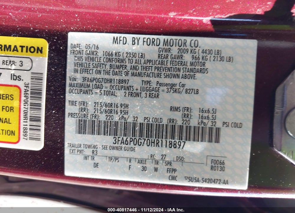 2017 FORD FUSION S VIN: 3FA6P0G70HR118897