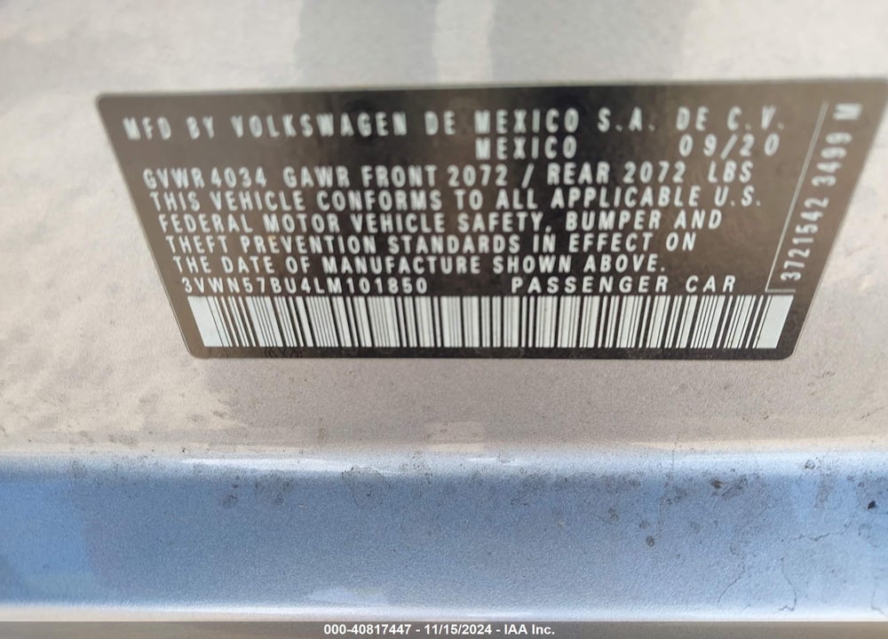 2020 VOLKSWAGEN JETTA 1.4T R-LINE/1.4T S VIN: 3VWN57BU4LM101850