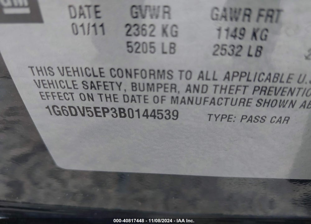 2011 CADILLAC CTS-V VIN: 1G6DV5EP3B0144539