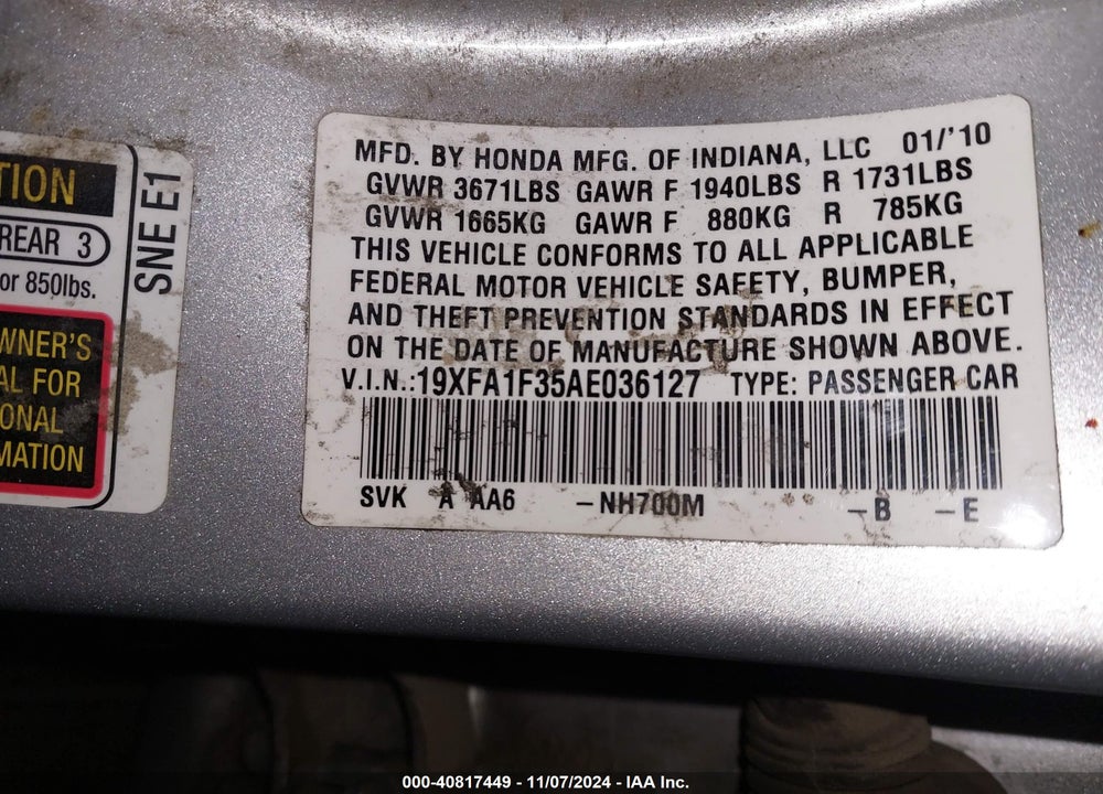 2010 HONDA CIVIC VP VIN: 19XFA1F35AE036127