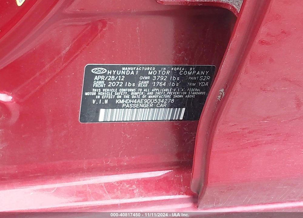 2013 HYUNDAI ELANTRA GLS VIN: KMHDH4AE9DU534278