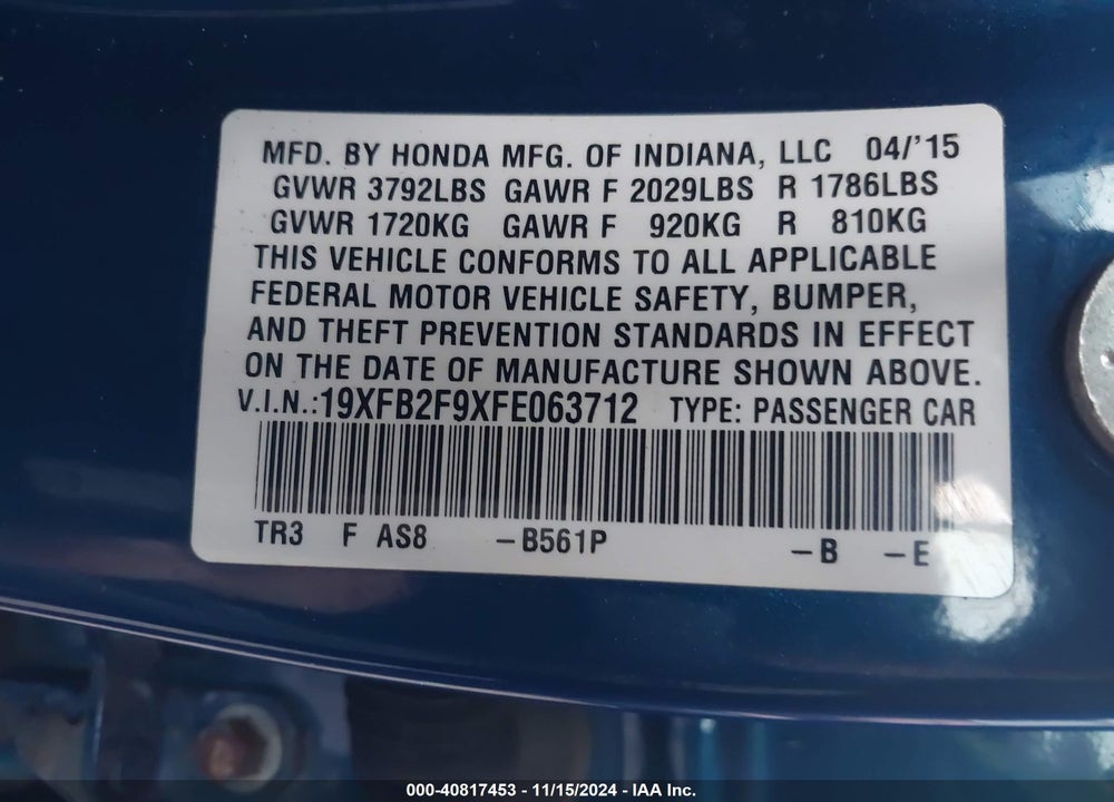 2015 HONDA CIVIC EX-L VIN: 19XFB2F9XFE063712