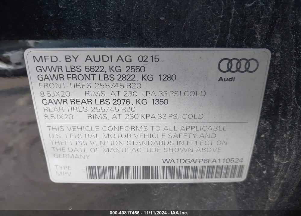 2015 AUDI Q5 3.0T PREMIUM PLUS VIN: WA1DGAFP6FA110524