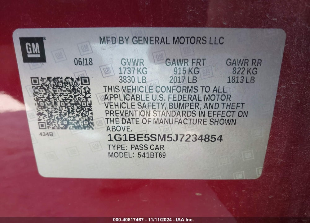 2018 CHEVROLET CRUZE LT AUTO VIN: 1G1BE5SM5J7234854