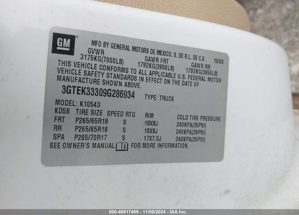 2009 GMC SIERRA 1500 SLT VIN: 3GTEK33309G286934