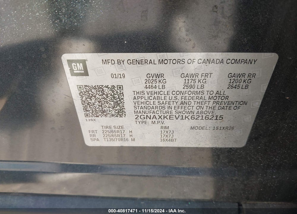 2019 CHEVROLET EQUINOX LT VIN: 2GNAXKEV1K6216215