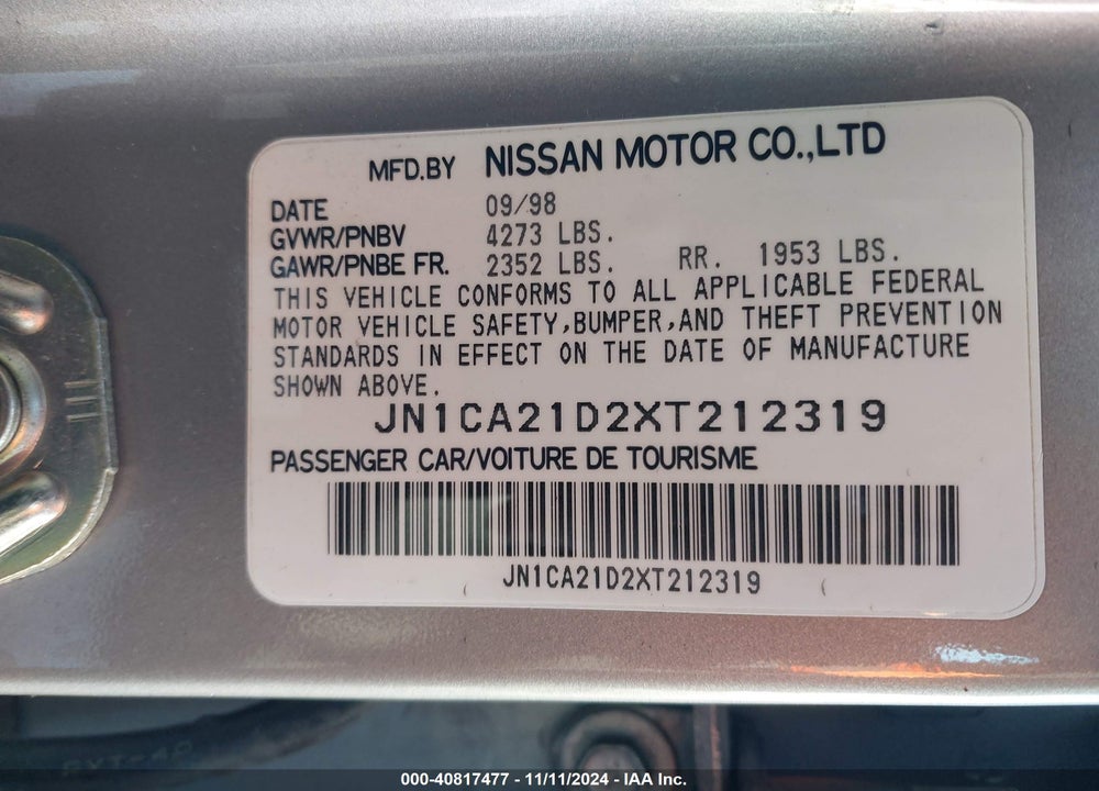 1999 NISSAN MAXIMA GLE/GXE/SE/SE-L VIN: JN1CA21D2XT212319