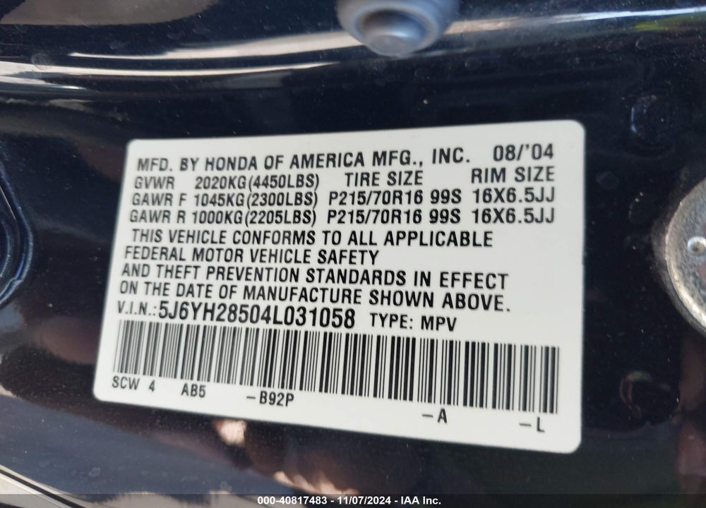 2004 HONDA ELEMENT EX VIN: 5J6YH28504L031058