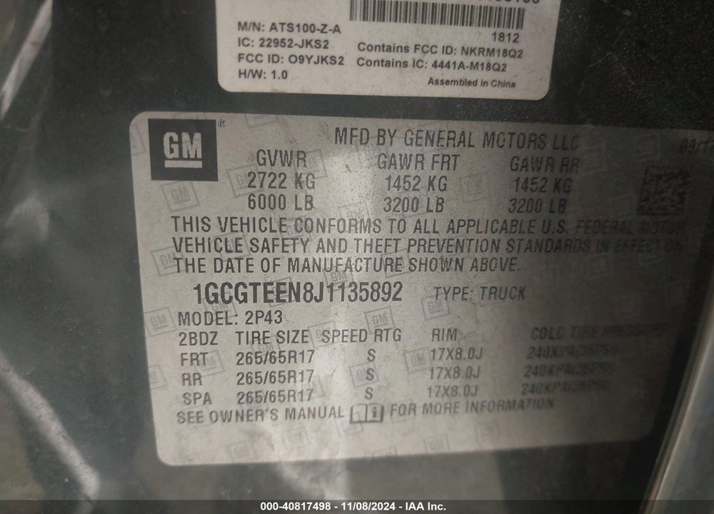 2018 CHEVROLET COLORADO VIN: 1GCGTEEN8J1135892