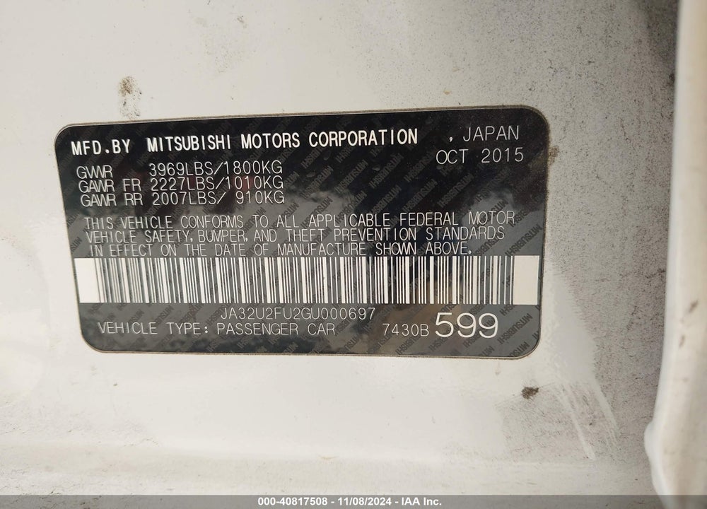 2016 MITSUBISHI LANCER ES VIN: JA32U2FU2GU000697