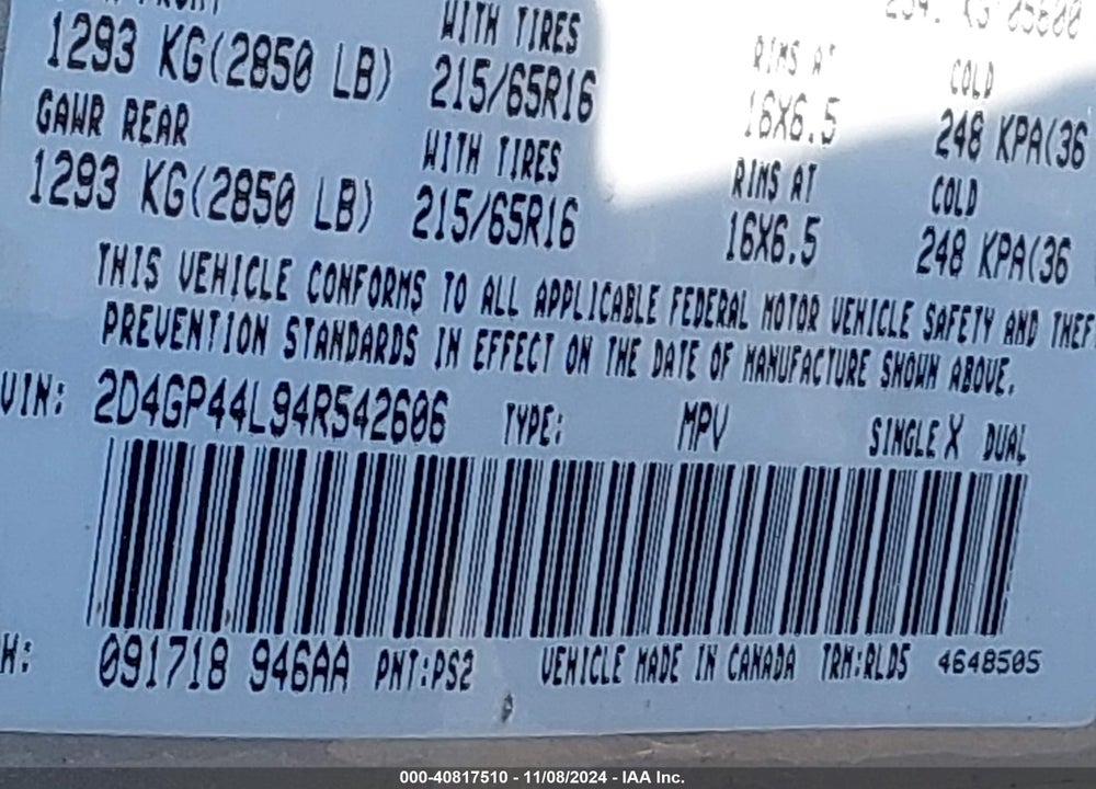 2004 DODGE GRAND CARAVAN SXT VIN: 2D4GP44L94R542606