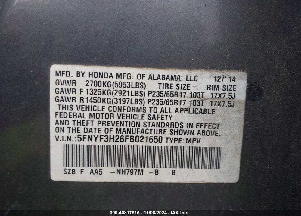 2015 HONDA PILOT LX VIN: 5FNYF3H26FB021650