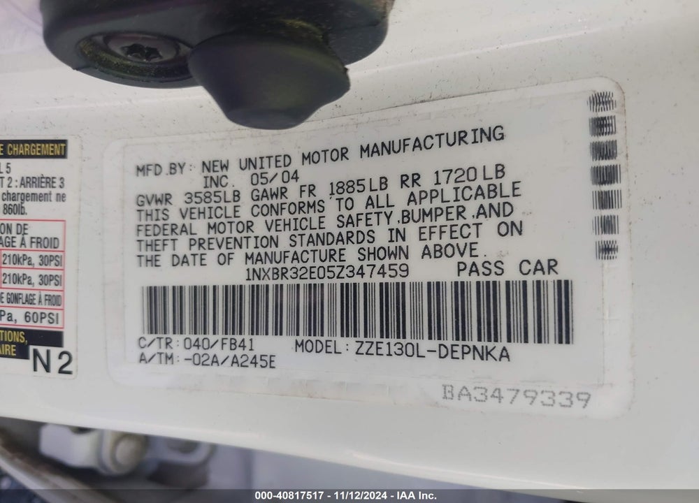 2005 TOYOTA COROLLA LE VIN: 1NXBR32E05Z347459