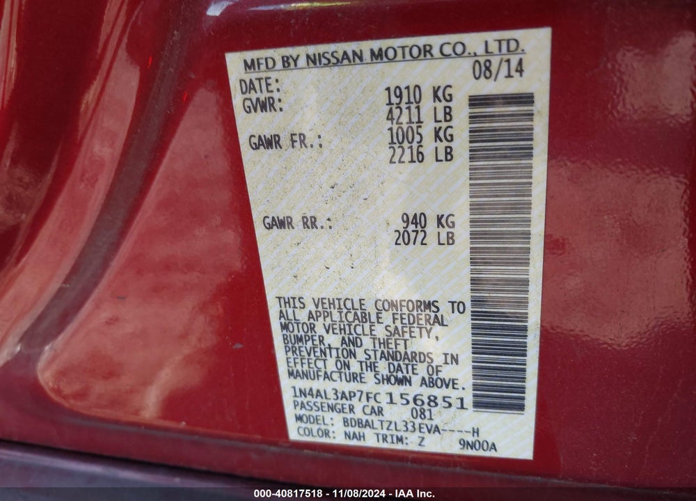 2015 NISSAN ALTIMA 2.5 SL VIN: 1N4AL3AP7FC156851