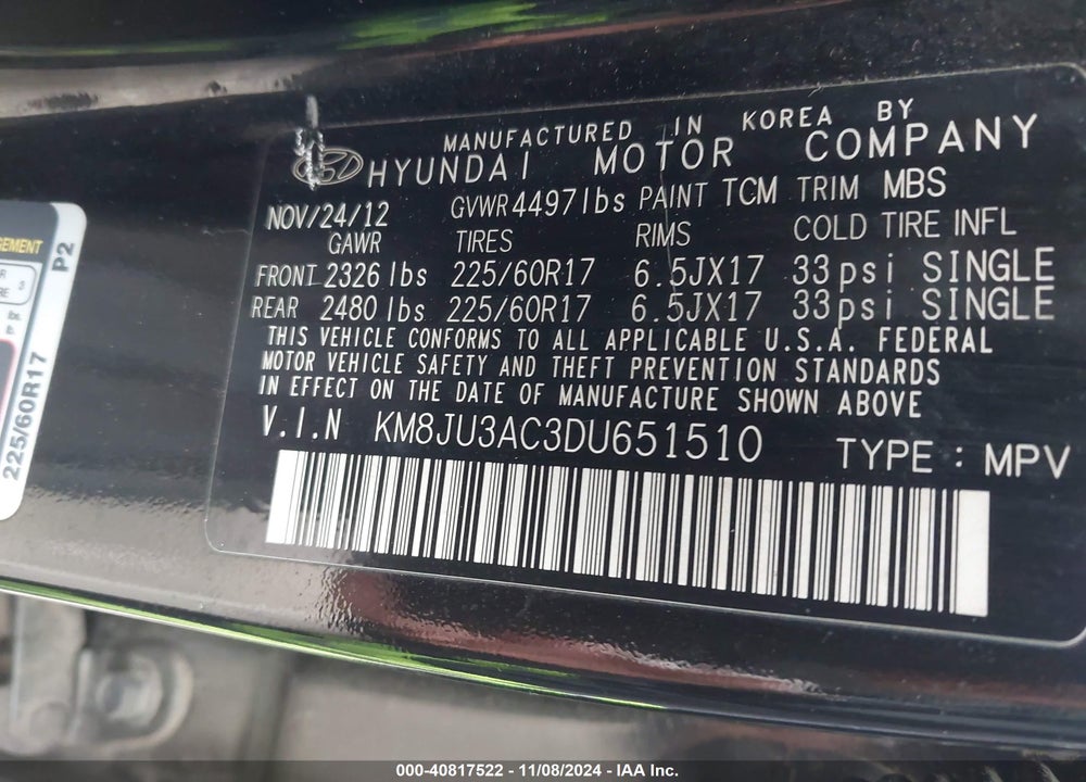2013 HYUNDAI TUCSON GLS VIN: KM8JU3AC3DU651510