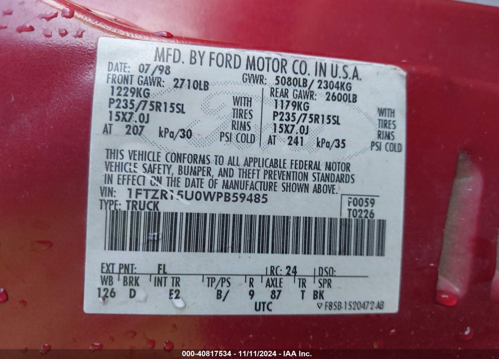 1998 FORD RANGER SPLASH/XL/XLT VIN: 1FTZR15U0WPB59485