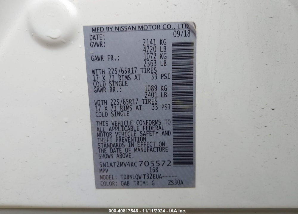 2019 NISSAN ROGUE SV VIN: 5N1AT2MV4KC705572