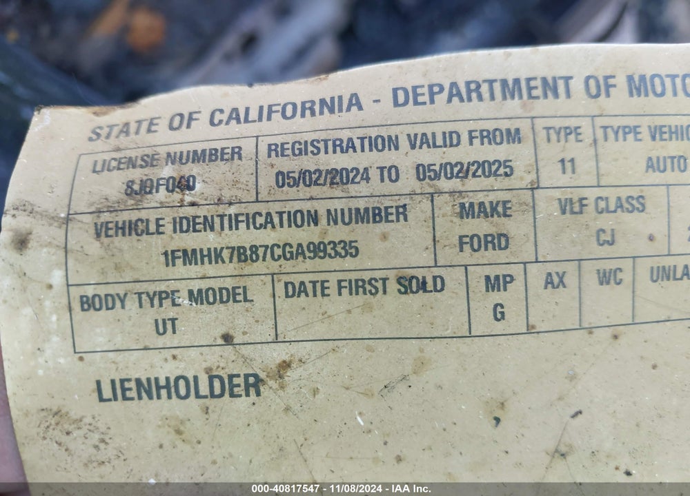 2012 FORD EXPLORER VIN: 1FMHK7B87CGA99335