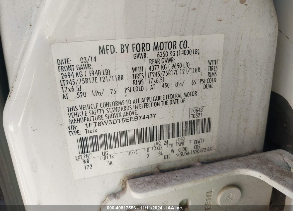 2014 FORD F-350 LARIAT VIN: 1FT8W3DT5EEB74437