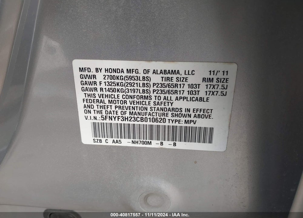 2012 HONDA PILOT LX VIN: 5FNYF3H23CB010620