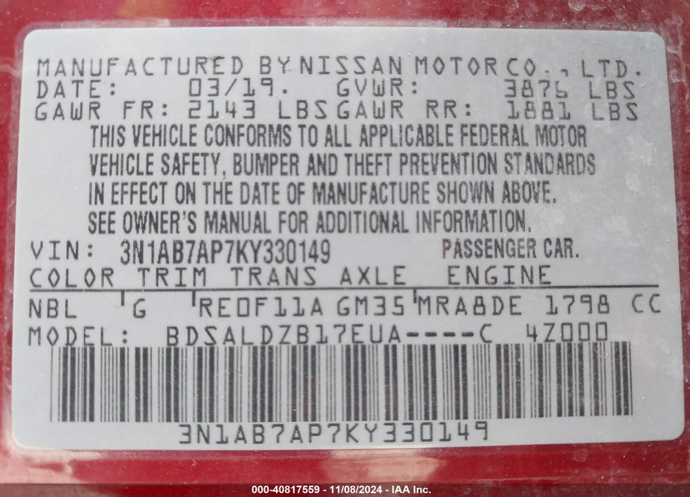 2019 NISSAN SENTRA SV VIN: 3N1AB7AP7KY330149