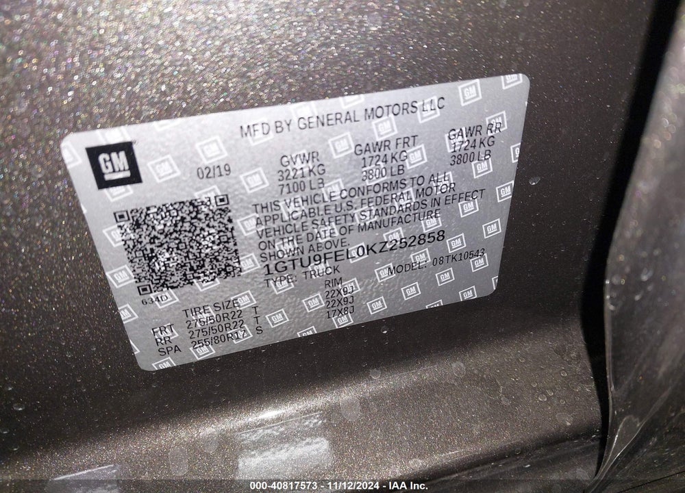 2019 GMC SIERRA 1500 VIN: 1GTU9FEL0KZ252858