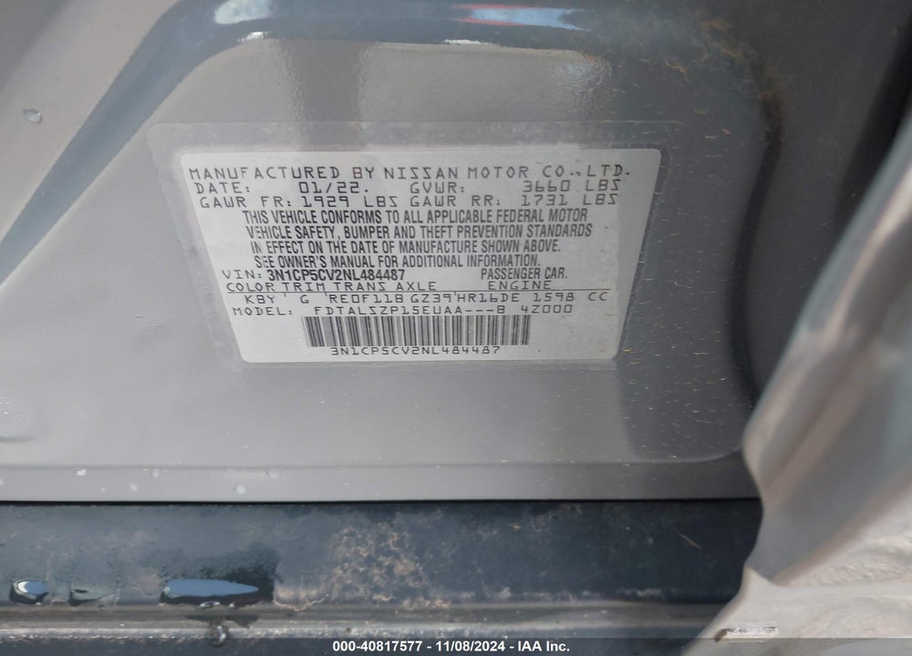2022 NISSAN KICKS SV XTRONIC CVT VIN: 3N1CP5CV2NL484487