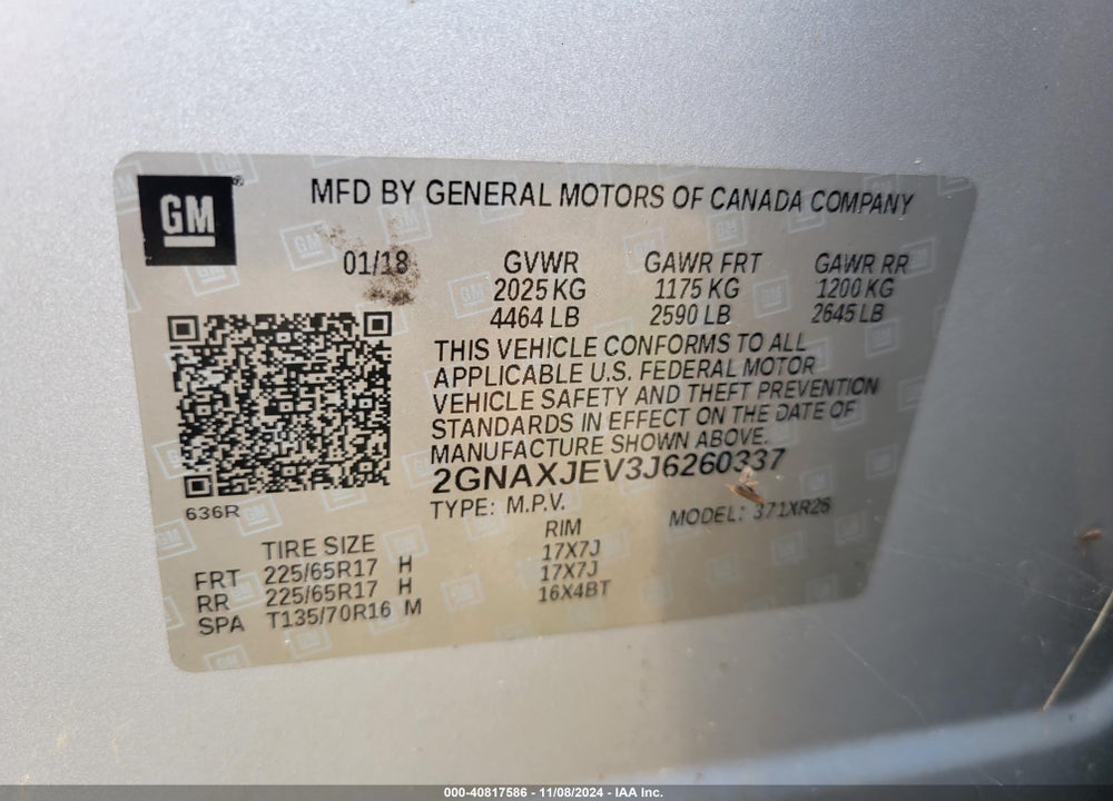2018 CHEVROLET EQUINOX VIN: 2GNAXJEV3J6260337