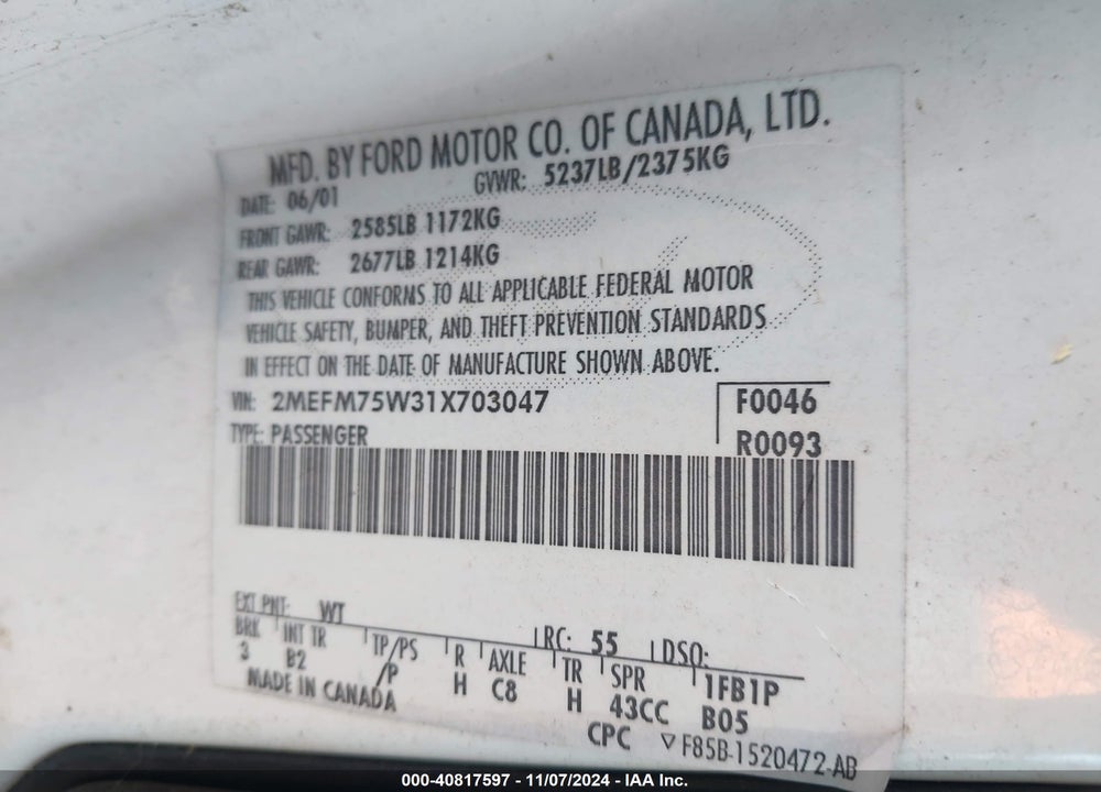 2001 MERCURY GRAND MARQUIS LS VIN: 2MEFM75W31X703047