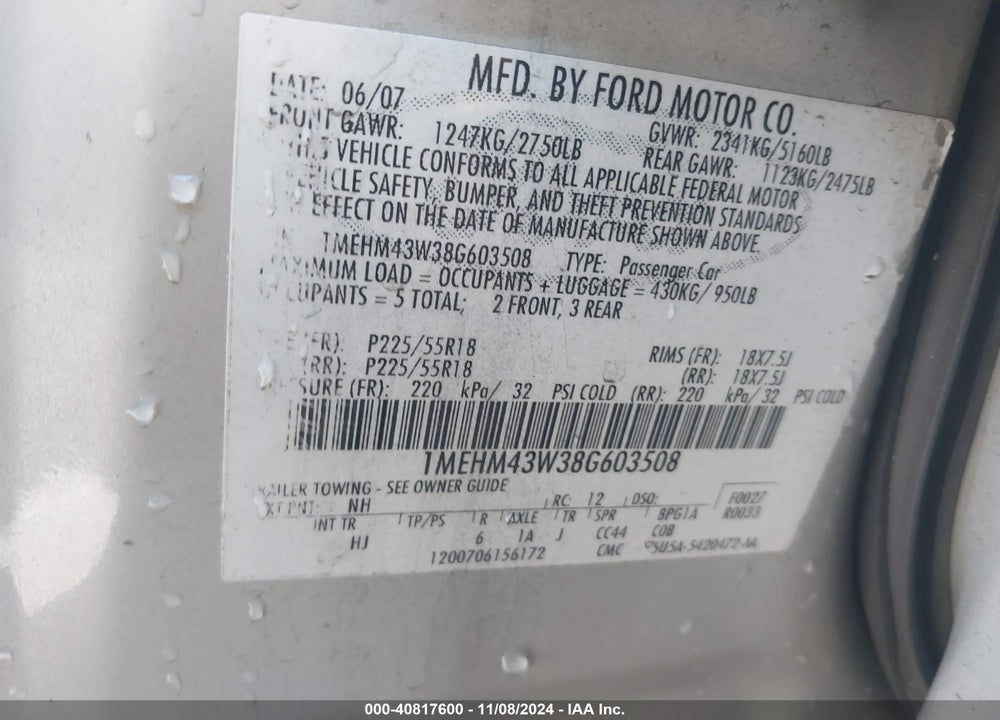 2008 MERCURY SABLE PREMIER VIN: 1MEHM43W38G603508
