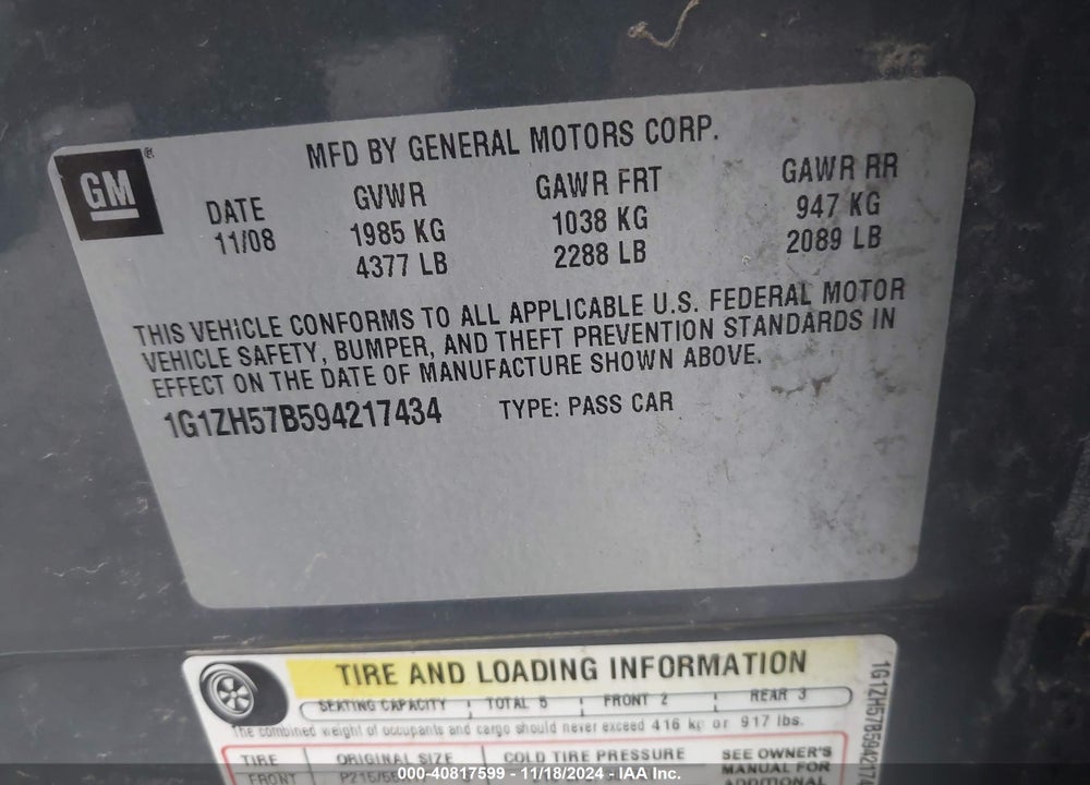 2009 CHEVROLET MALIBU LT VIN: 1G1ZH57B594217434